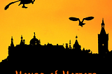 The cover for “House of Horrors, A Dawn & Rosie short story”: yellow-orange sunset scene with black silhouettes of a witch on a broomstick, an owl, and the roofs of gothic town buildings.