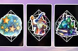 Three tarot pick a card piles: pile 1 — stars, pile 2 — wizard, and pile 3 — bottles