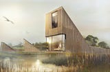 Timber clad buildings beside a wetland