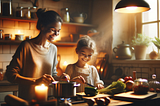 A serene and touching scene in a cozy kitchen where a young girl and her mom are preparing a meal together. Despite the simple task, they are both smiling.