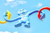 Colorful plastic monkeys from the monkey barrel children’s game are connected together to form a long strand