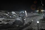 Astronauts on the moon doing geology with a Starship HLS in the background.