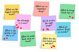A collection of Post-it notes with different example questions on each. Dots have been added to Post-its by stakeholders who are voting on their favourite ideas.