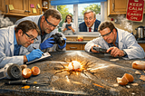 Wide, humorous illustration of a chaotic British kitchen where a tiny glowing eggshell is fused to a bulging countertop. Several baffled scientists in lab coats examine it with clipboards and gadgets, while a government minister peers through the window in shock. Broken cleaning tools, spilled egg, and a “Keep Calm and Carry On” sign add to the comic absurdity.