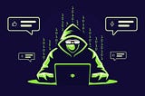 Digital illustration of a hooded figure at a laptop, surrounded by binary code and speech bubbles resembling AI prompts and social media comments. The style is neon green on dark blue, evoking a hacker-like aesthetic.