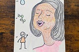 A woman speaking, with three emojis: a raindrop, a green olive branch segment, and a smiling person waving
