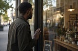 A man pauses outside a storefront, gazing inside with his hand close to the glass door.