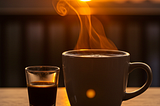 A cup of coffee sits as the sun rises in the distance. Vapor rises from the coffee.