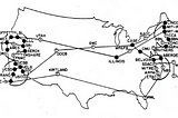 A map showing the location of ARPANET access points (concentrated on the west and east coasts).