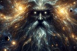 An ancient god among the galaxies. His face is in shadow, he has a long beard, and his eyes are glowing.