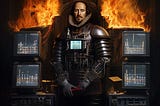 William Shakespeare but his is a cyborg standing among racks of computer servers as fore rages out of control behind him; the scene is a nightmare.