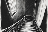 A sketch of the top of the staircase leading down to a dark basement door.