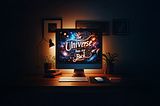 picture of a glowing computer monitor with a cosmic desktop screen that reads “the universe has your back”