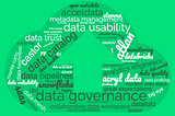 “Data Governance” word cloud surrounding an upwards-facing arrow on a green background