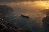 A vast glowing spider’s web stretches across the Strait of Hormuz at dusk, trapping an oil supertanker at its center as distant naval vessels wait beyond the rocky passage.
