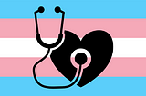 An icon of a heart and a stethoscope on the transgender pride flag