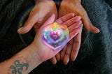 The two hands of Georges, holding my hand. Inside our hands is an illustration of a purple heart glowing with all different colors.