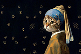 a cat wearing a headscarf with paw prints on black background