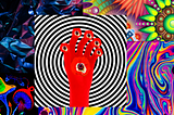 A red hand with mushrooms as fingertips. This is on a colorful, trippy background.