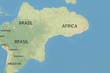 A map that has part of South America with a Africa sticking out sideways from Brazil (with a weird connection). Some country labels are correct, but there is both “Brazil” and “Brasil” and a country called “Duraguay.”
