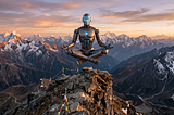 A robot, in classic “lotus” position, hovering above a mountain top surrounded by other mountains. An icon in the lower right corner indicates the image was created with Google’s Gemini AI tool.