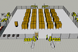 This 3D rendering shows the layout of a warehouse with shelves arranged in multiple rows, where Automated Guided Vehicles (AGVs) are used to transport shelves directly to operators. The picking area is divided into sections with designated workstations where workers pack items. Operators are seen near the shelves and packing stations. The layout demonstrates an optimized warehouse design for minimizing walking time by using AGVs to enhance productivity.