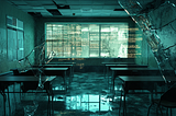 A university classroom seen through shattered glass, digital static and binary code where windows and whiteboards would be