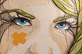 Graffiti art of blonde woman with blue eyes with an orange x on left cheek