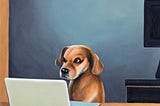 AI-generated image of an oil painting of a dog staring intensely at a laptop.