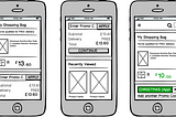 A sequence of mobile interface wireframes representing a user flow.