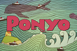 Ponyo title on top of hand drawn waves