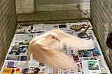 Photo of a white dove in flight in our flight cage