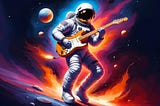 Space man playing the electric guitar