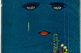 The original cover art of the book The Great Gatsby by F. Scott Fitzgerald. Features a blue background, a city skyline in the foreground, and a hovering pair of eyes and a mouth. Two nude forms posed make up the irises of the eyes.
