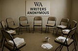 “A tongue-in-cheek photo of a ‘Writers Anonymous’ support group setup. Eight beige folding chairs form a circle on a bare concrete floor, surrounded by scattered piles of paper and half-empty coffee mugs. A plain white sign reading ‘WRITERS ANONYMOUS’ hangs on the wall, evoking an AA-style meeting with a humorous literary twist.