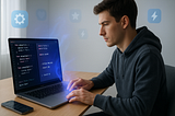 iOS developer transforming messy Swift code into clean macro-powered code on MacBook Pro with blue magical effect and floating app icons