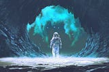 Graphic illustration of an astronaut facing a stone arch on an alien planet.