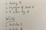 A list under Read including Essay X, 10 pages of book X, and X video by X. A list under Write including Article 1, Article 2, and New post idea.