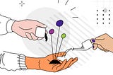 A minimalist illustration showing three disembodied hands engaged in a creative process. One orange-sleeved hand is open, palm up, with colorful pins or markers (purple, blue, and green) sticking out of it. A white-sleeved hand is dropping a white cube or block onto this hand. Another hand with purple nail polish is pouring something from a small white container onto the open hand. Abstract design elements like dots, lines, and a green leaf surround the scene, suggesting collaboration.