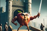 A defiant anthropomorphic Apple waving a large sword, defending the drawbridge of a castle from attackers.