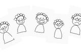 Imagem contendo cinco desenhos que representam as tias da retro