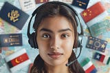 An image of a customer service representative wearing a headset, surrounded by visa application service related icons — such as visas, work permits, and passports, visually-conveying the high-quality multilingual support provided by visa service providers, highlighting the adaptability and responsiveness of the visa services offered.