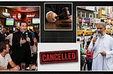 Left: Image of a priest with a microphone in a sports bar. Right: Image of an imam with a microphone on a busy street corner. Center: Image of a judge’s hand holding a gavel and “Cancelled” sign below the judge.