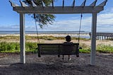 A woman sitting on a swing facing the sea beyond the marsh.