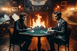 Two men gamble in a nightclub. A roaring fire is behind them.