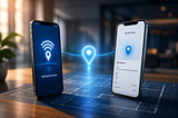 Two smartphones demonstrate indoor positioning using Bluetooth iBeacons. One phone broadcasts a beacon signal while the other detects it, with a glowing location marker between them over an architectural floor plan, illustrating how iBeacon technology enables indoor navigation and proximity detection.