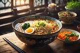 Bowl of delicious ramen noodles with vegetables and egg