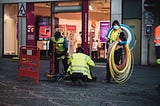 Technicians installing empty pipes for fast fiber internet