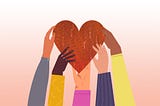 Illustrated picture of four hands of different ethnicities holding up a heart to the sky
