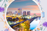 A view of Richmond, Virginia is surrounded by graphics of thread, needles, scissors, and floral aesthetic